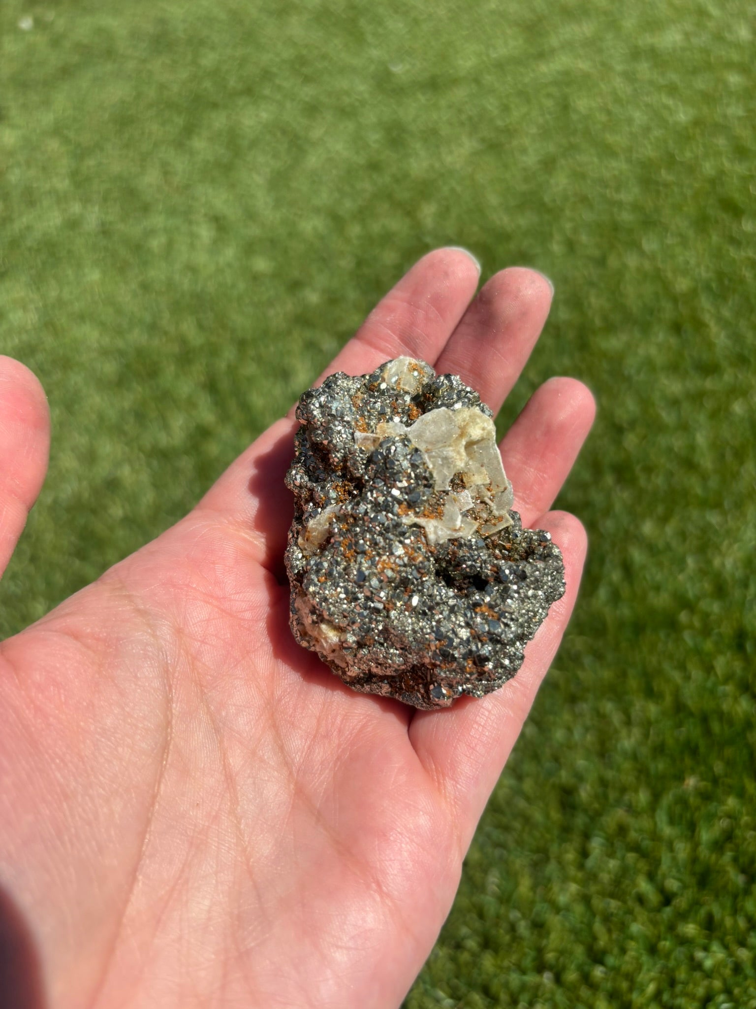 Hand holding a rock with a green grass background