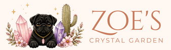 Logo for 'Zoe's Crystal Garden' featuring a pug, cactus, and crystals on a white background.