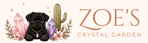 Logo for 'Zoe's Crystal Garden' featuring a pug, cactus, and crystals on a white background.