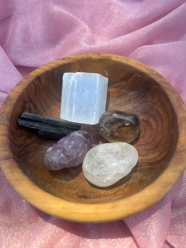 Reset & Restore Crystal Kit - Selenite, Black Tourmaline, Smoky Quartz, Amethyst, Clear Quartz